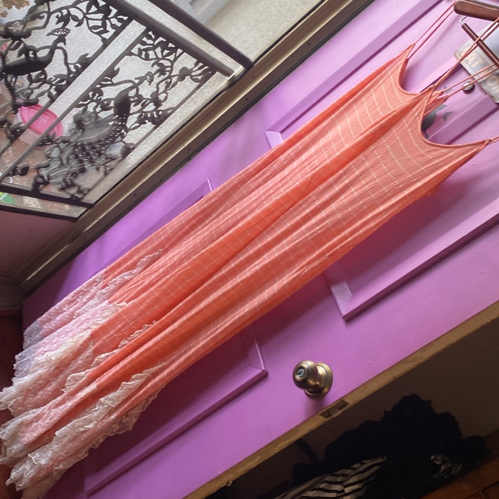 Free people spaghetti strap peach and cream dress fringe bottom